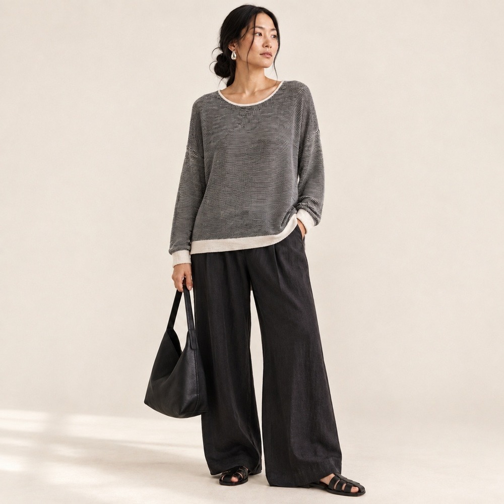 Eileen Fisher Organic Linen Cotton Tunic Sweater Black White Striped Medium - Picture 1 of 7